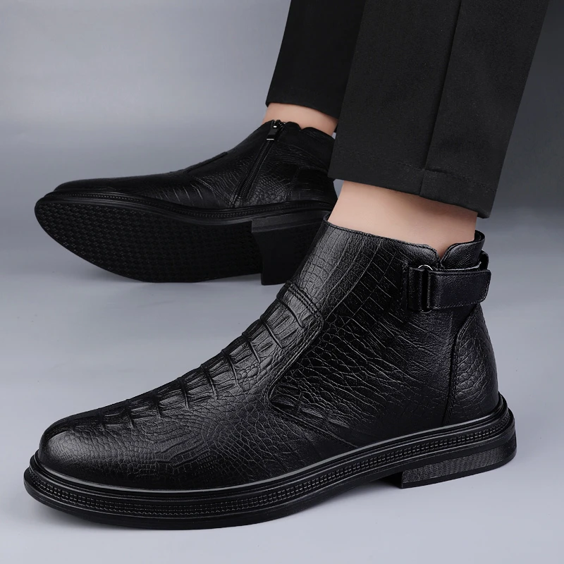 Bottines en cuir véritable pour homme avec fermeture éclair